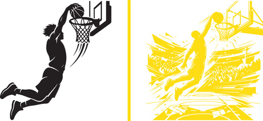 Vector illustrations of a basketball player hanging on the rim after a slam dunk, featuring a clean black silhouette design and an energetic yellow version with stylized stadium arena details. © Muhammad