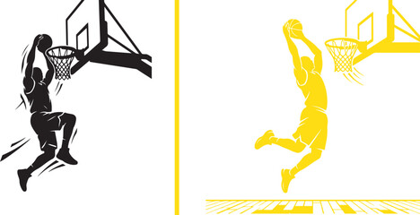 Dynamic vector silhouettes of basketball players soaring through the air for a powerful slam dunk. Minimalist black and yellow sports illustrations isolated on a white background. © Muhammad