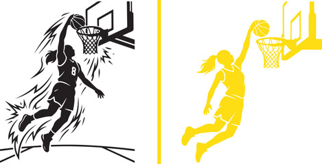 Dynamic vector illustrations of female basketball players leaping high for a one-handed slam dunk. Energetic sports silhouettes in black and yellow isolated on a white background. © Muhammad