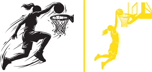 Dynamic vector illustration of a female basketball player jumping to slam dunk a ball into the hoop, featuring a sketchy black textured style and a clean minimalist yellow silhouette.  © Muhammad