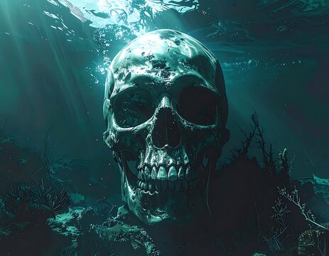 Underwater Skull in Dark Ocean Water.
