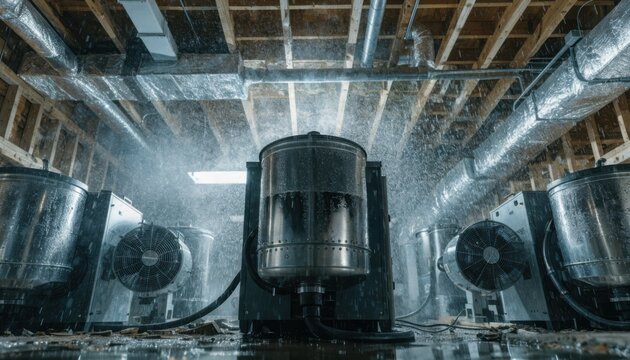 Focused view on industrial dehumidifiers and air movers working together to dry an open ceiling space framing and equipment softly out of focus.