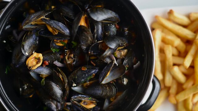 Fresh cooked mussels in pot served with golden french fries as traditional belgian dish.