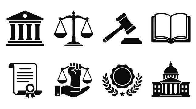 Vector law justice icons set with courthouse, scales, gavel, legal book, shield star laurel, scroll quill, sword scales, governance authority illustration