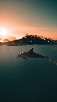 Dolphin swims gracefully underwater during a beautiful ocean sunset