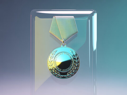 A close-up view of a shiny gold medal with a laurel wreath design, displayed in a clear acrylic case with a star-shaped cutout at the top.