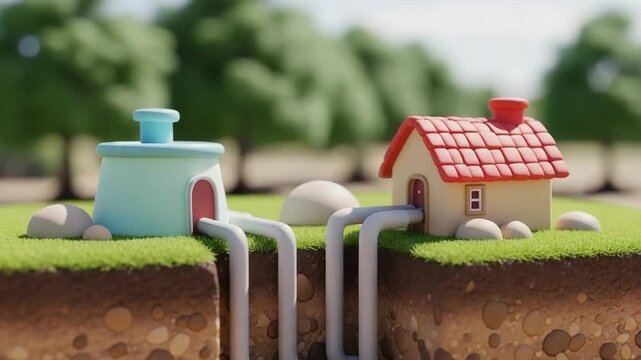 Geothermal heating system concept with house and underground pipes cross section 3D illustration for sustainable energy and residential utility infrastructure design