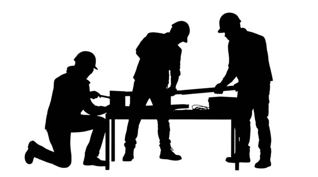 Silhouette of three workers assembling furniture isolated on transparent background, Vector