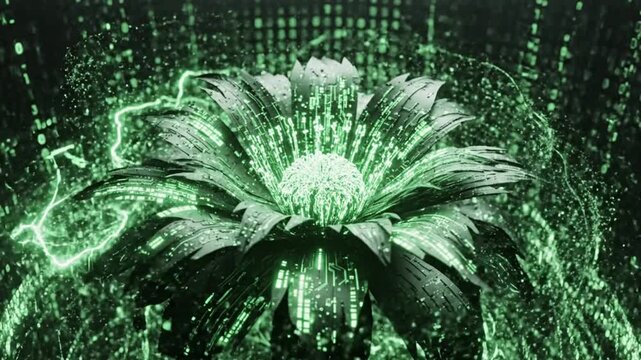 Digital abstract flower blooming from neon green matrix glitch effect