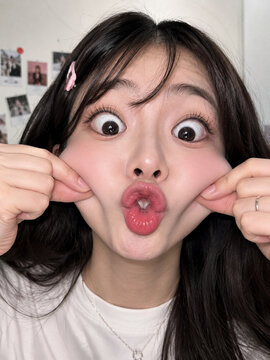 Cute Korean Social Media Selfie Girl Making Funny Duck Face Expression