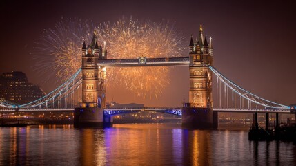 Fototapeta premium Tower Bridge Fireworks: London's Night Spectacle over Thames River