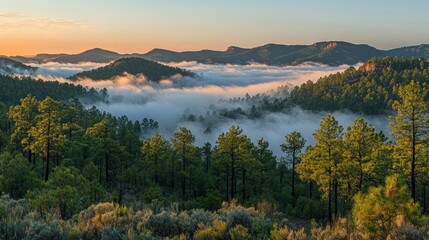 Obraz premium Misty Mountain Forest at Sunrise: A Landscape of Serenity and Natural Beauty