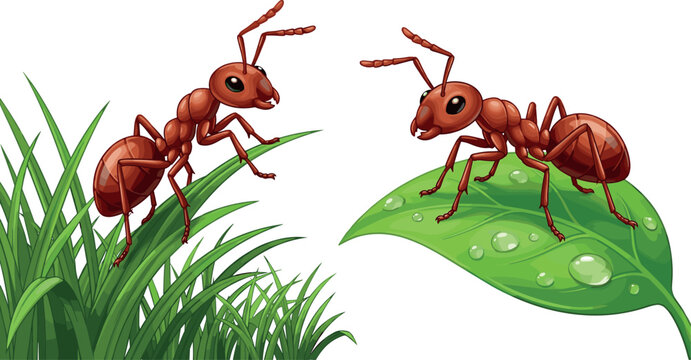 Cartoon Ant Insect Set on Green Grass and Dewy Leaf for Wildlife, Nature, Biology, Entomology, Garden, Environment and Cute Small Animal Character Illustration Designs