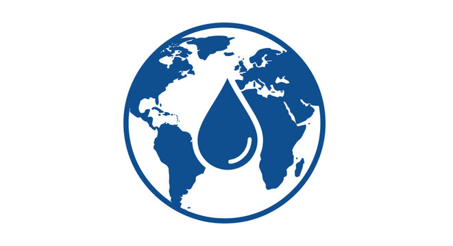Blue Globe with Water Drop Symbol.