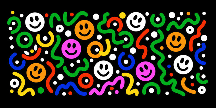 Colorful smiley faces and wavy lines pattern on black background