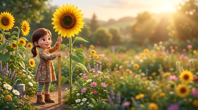 Happy little girl measuring height of sunflower in sunny summer garden