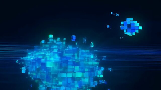 Digital virus hack line music technology blue glowing cube cloud network data abstraction with abstract digital line technology virus hack music background glowing square light dark space futuristic