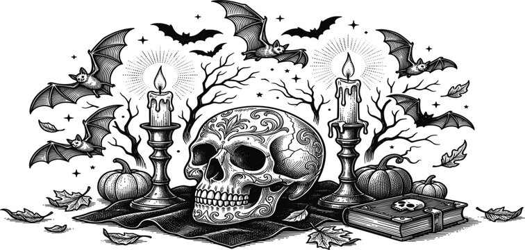 Vintage Halloween Skull Illustration with Flying Bats, Candles, Pumpkins, Dark Trees, and Gothic Horror Elements for Spooky Seasonal Vector Artwork