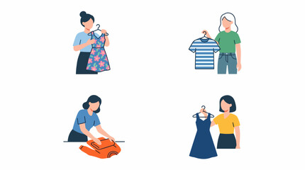 Fototapeta premium Four illustrations depicting women engaging in various clothing-related activities such as choosing, folding, and organizing garments.