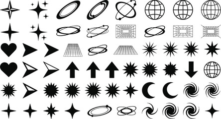 Y2K retro futuristic vector design elements pack with cosmic stars wireframe grids tech arrows and celestial shapes vector illustration © tecna