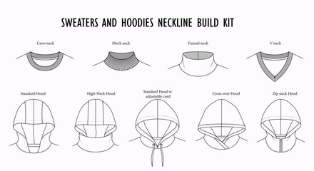 Sweaters and Hoodies Neckline Build Kit Vector CAD Library   Crew Neck, Mock Neck, Funnel Neck, V Neck and Hood Technical Flat Sketch Set © Nethmi