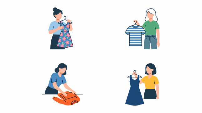 Four illustrations depicting women engaging in various clothing-related activities such as choosing, folding, and organizing garments.