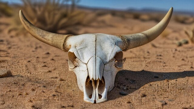 Bull skull with T-shaped bone structure on desert sand, detailed texture and side lighting.