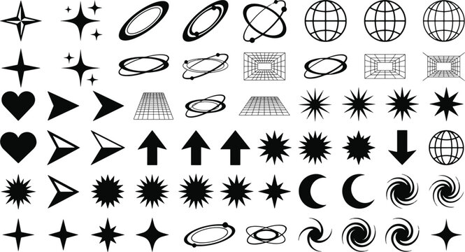 Y2K retro futuristic vector design elements pack with cosmic stars wireframe grids tech arrows and celestial shapes vector illustration