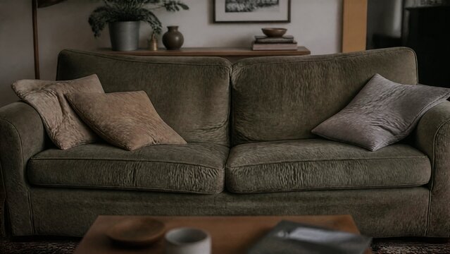 Well-used sofa with central sag and loosely arranged cushions.