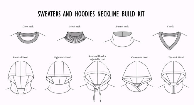 Sweaters and Hoodies Neckline Build Kit Vector CAD Library | Crew Neck, Mock Neck, Funnel Neck, V Neck and Hood Technical Flat Sketch Set