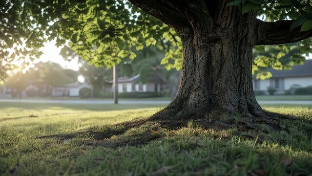 A large tree with subtly subsiding soil, its underground roots hollowed by water in morning light.