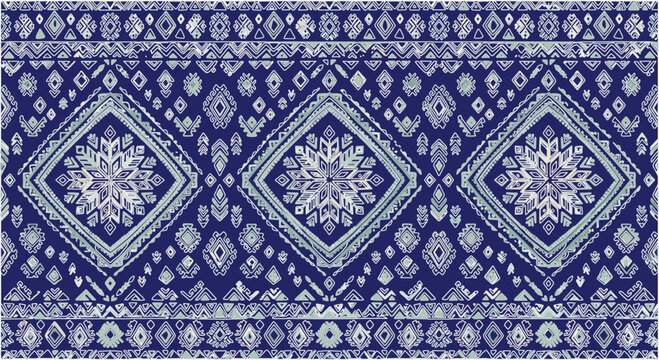Royal Blue Ethnic Tribal Geometric Seamless Pattern with Snowflake Diamond Motifs and Traditional Folk Ornaments