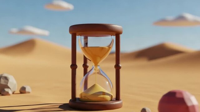 Hourglass in desert landscape representing time management and business deadline concept with sand flowing through glass timer for productivity and patience strategy
