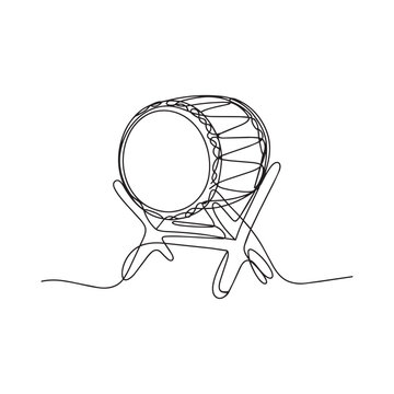 Minimalist continuous line art of traditional wooden bedug drum for islamic festive season.