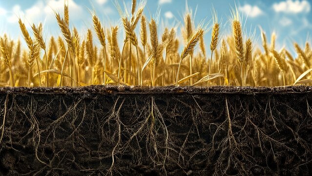 Horizontal split composition of luminous golden wheat sheaves above and dark, intricate root systems below.