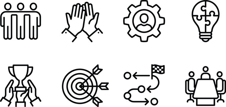 Business Teamwork and Success Icon Set Featuring Team Collaboration High Five Target Achievement Strategy Roadmap and Trophy Symbols for Corporate Management and Leadership Projects