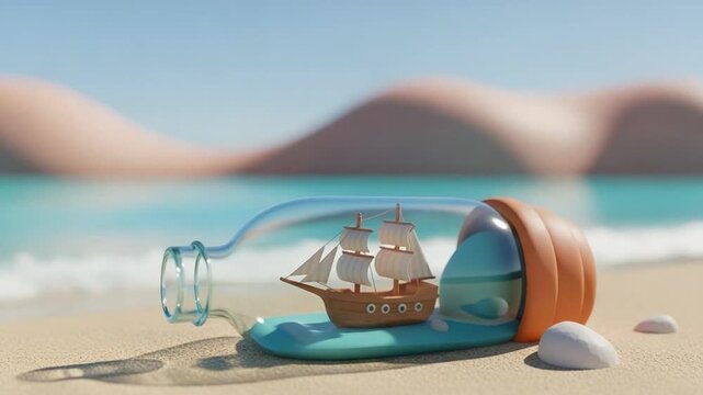 Miniature toy ship inside a glass bottle on a sandy beach, conceptual 3d render representing travel dreams, adventure, exploration, and escapism for creative projects