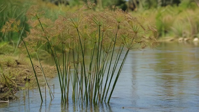 Cluster of papyrus plants with umbrella-shaped inflorescences in shallow river water.