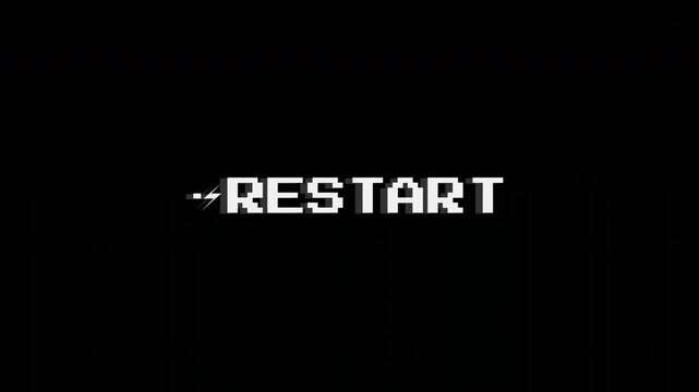 Retro Pixel Glitch Restart Text Animation on Black Background 4k video