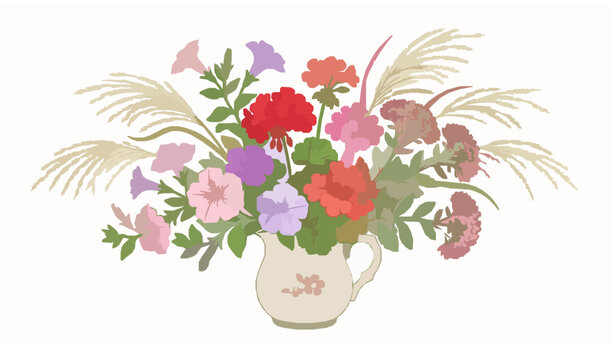 A professional botanical vector illustration of a garden arrangement isolated on a solid white background. Features petunia blossoms, miscanthus grass plumes, geranium flowers, succulent sedum cluster
