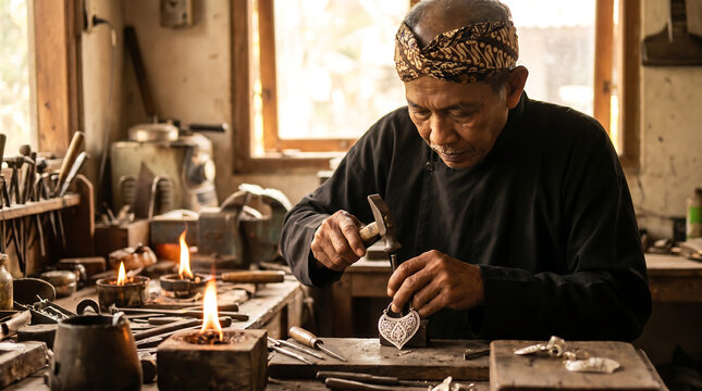 Indonesian Artisan Man Working on Traditional Craftsmanship with Tools and Fire
