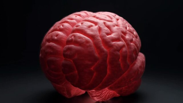 Close up of a realistic human brain model with internal red glow.