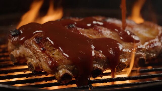 Delicious Barbecue Ribs Being Glazed With Sauce On A Hot Grill With Flames.