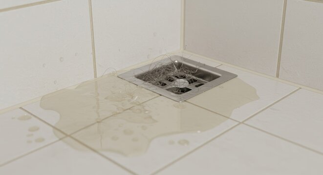 Clogged shower drain with wet hair causing water overflow on white bathroom tiles