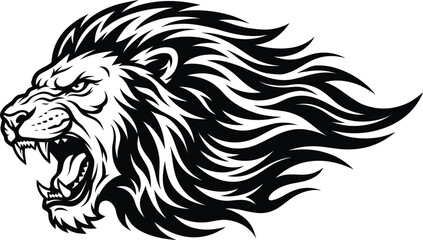 Obraz premium Roaring Lion Head Mascot Logo Vector Illustration in Bold Black Silhouette StyleRoaring Lion Head Mascot Logo Vector Illustration in Bold Black Silhouette Style