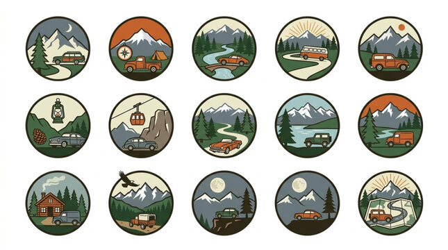 Collection of Circular Mountain Landscape Patches with Camping Scenes.