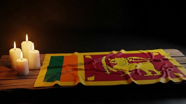 Sri Lankan flag draped on rustic wooden table with lit candles for national mourning remembrance or solemn tribute ceremony concept