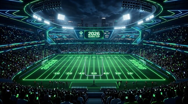 Aerial view of a crowded stadium with a glowing green football field for the 2026 global cup at night with a dark cloudy sky