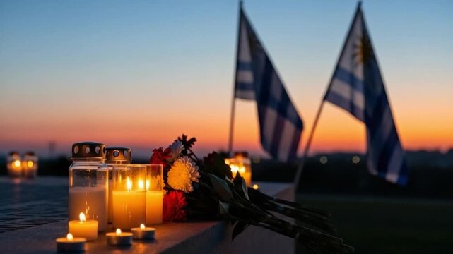 Memorial tribute with candles and flowers at sunset, national flags in background, concept of remembrance, mourning, loss, patriotism, and honoring fallen heroes