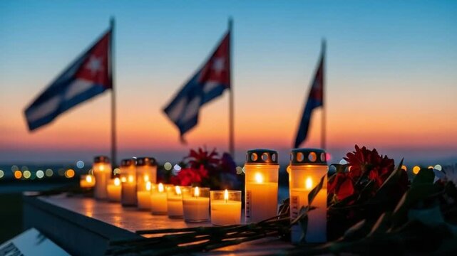Candlelight vigil with flowers and national flags at sunset, representing mourning, remembrance, patriotism, and national tragedy in a solemn outdoor memorial setting